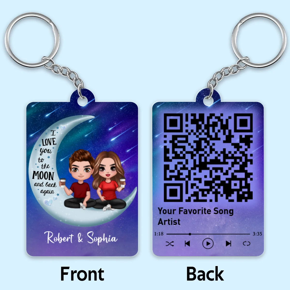 Doll Couple Sitting On Moon I Love You To The Moon And Back Favorite Song Scannable QR Code Personalized Acrylic Keychain - Image 4