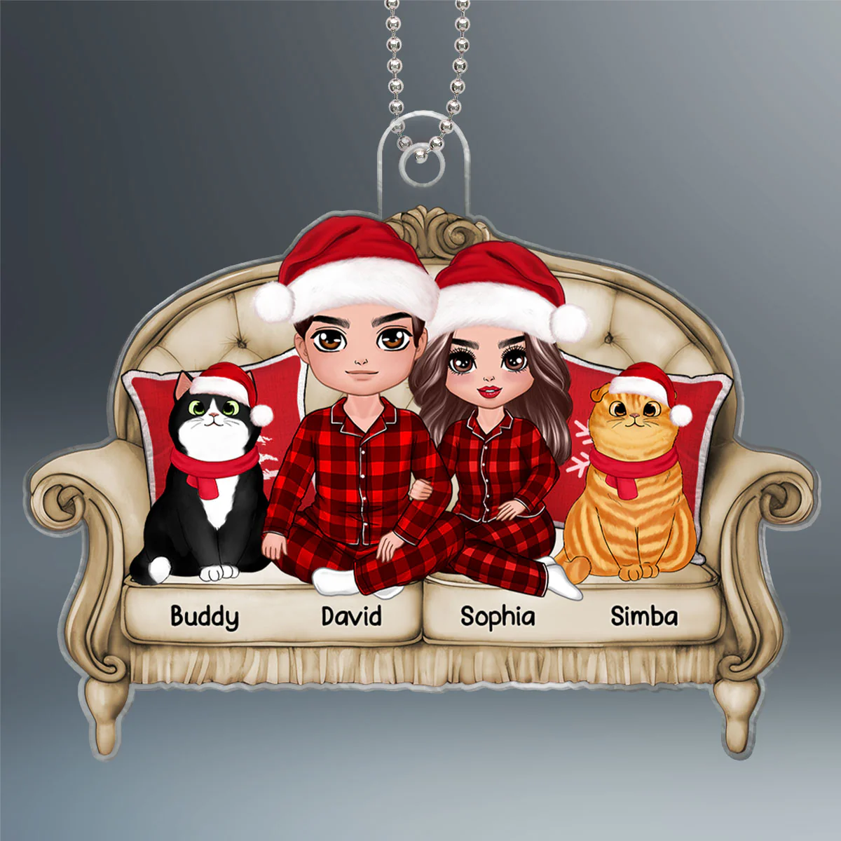 Doll Couple Sitting On Sofa With Cats Personalized Acrylic Ornament - Image 2