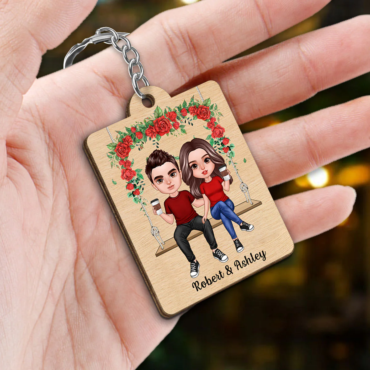 Doll Couple Sitting On Swing Calendar Personalized Wooden Keychain - Image 2