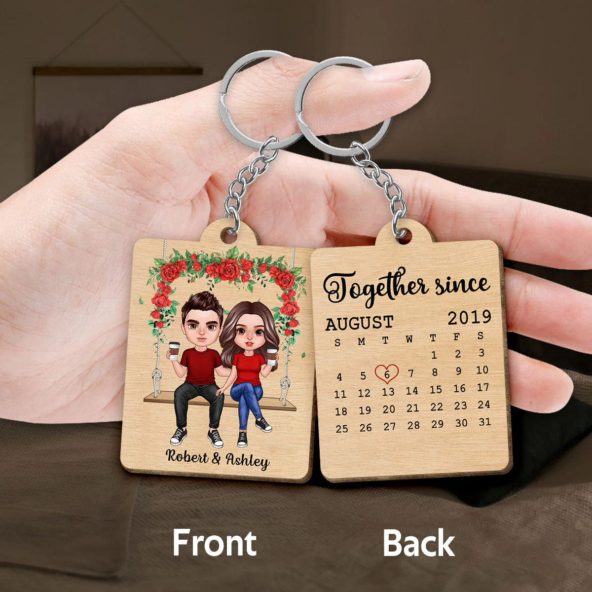 Doll Couple Sitting On Swing Calendar Personalized Wooden Keychain - Image 3