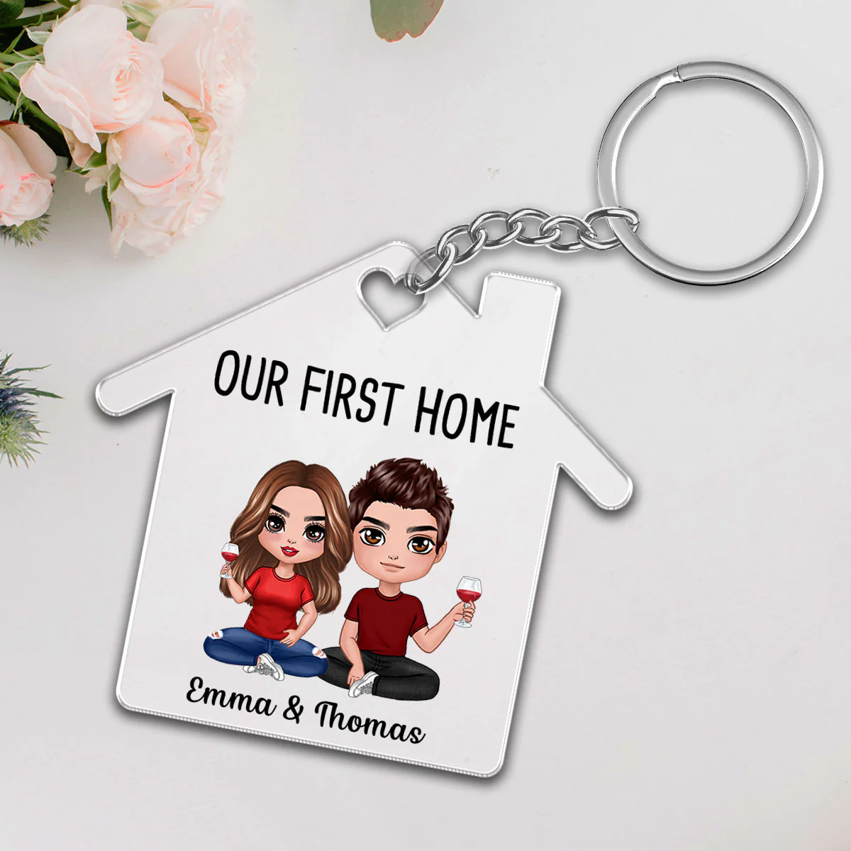 Doll Couple Sitting Our First Home Personalize Acrylic Keychain - Image 3