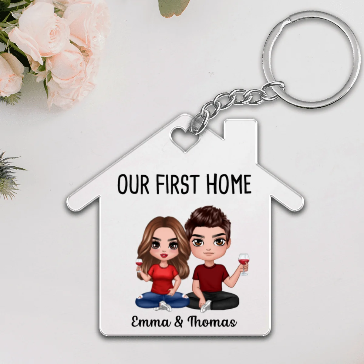 Doll Couple Sitting Our First Home Personalize Acrylic Keychain - Image 4