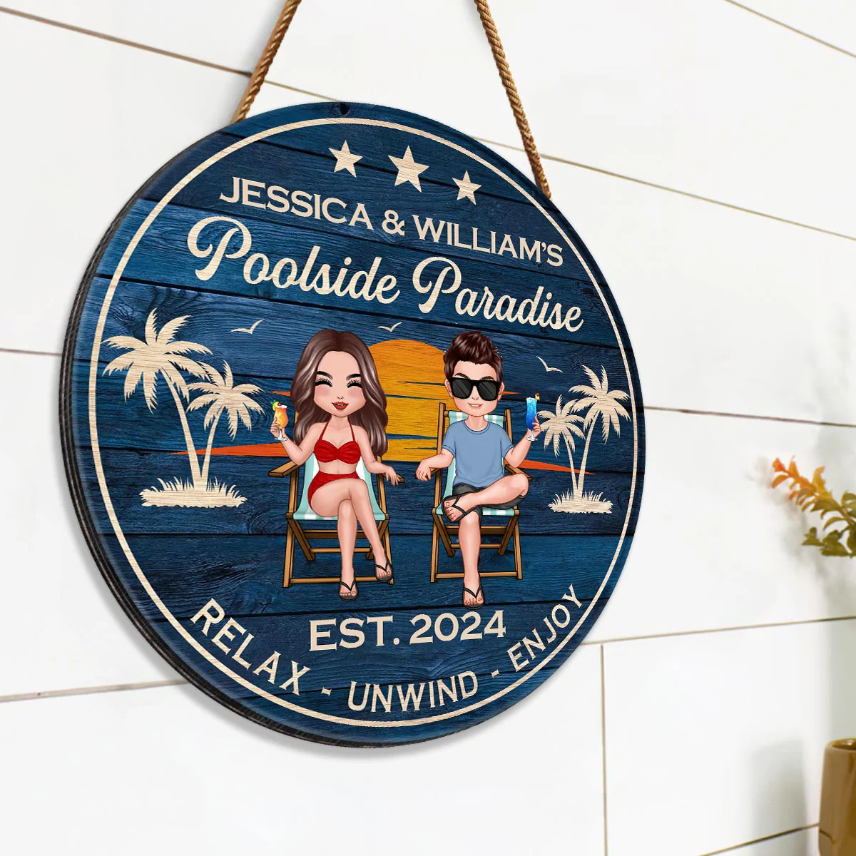 Doll Couple Sitting Poolside Paradise Personalized Wood Sign - Image 10