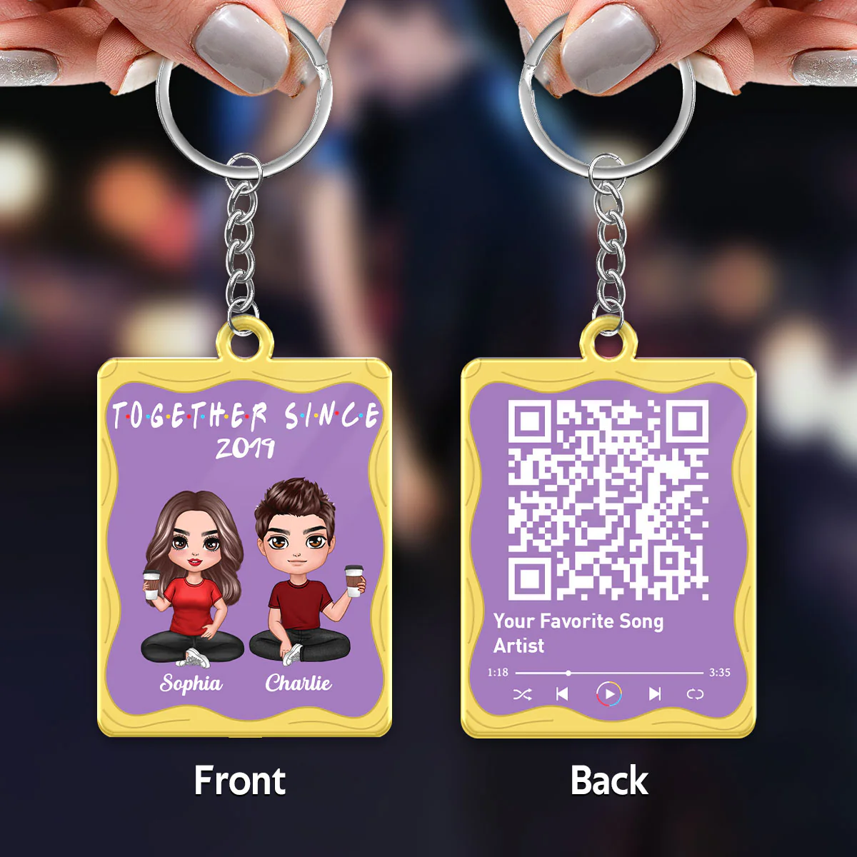 Doll Couple Sitting Purple Yellow Favorite Song Scannable QR Code Personalized Acrylic Keychain - Image 4