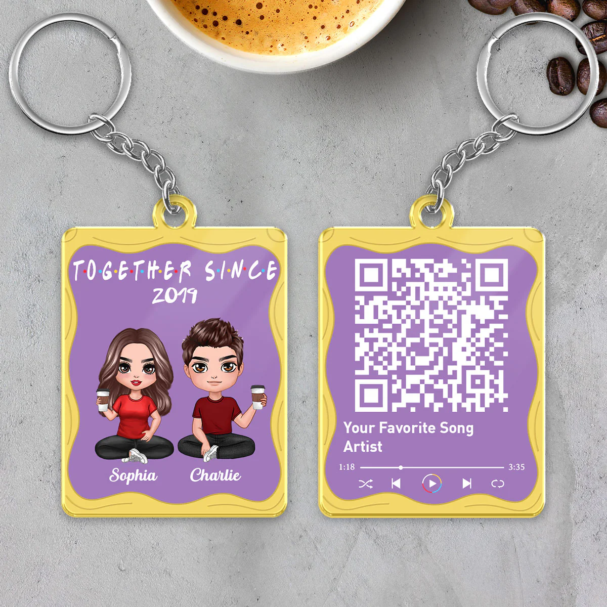 Doll Couple Sitting Purple Yellow Favorite Song Scannable QR Code Personalized Acrylic Keychain - Image 5