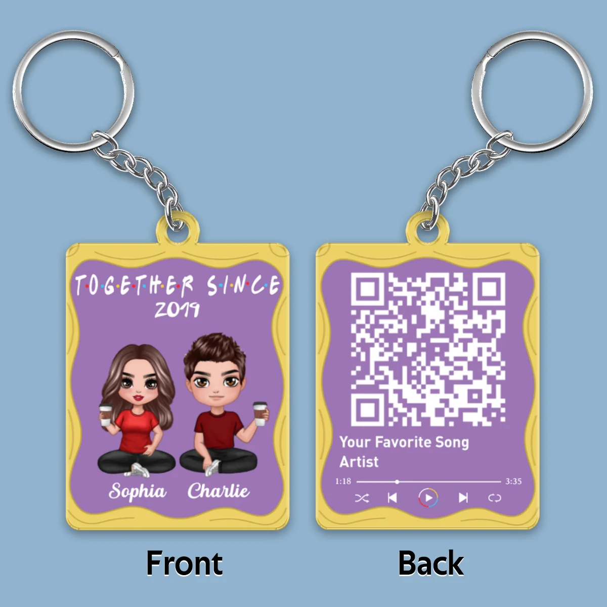 Doll Couple Sitting Purple Yellow Favorite Song Scannable QR Code Personalized Acrylic Keychain - Image 6