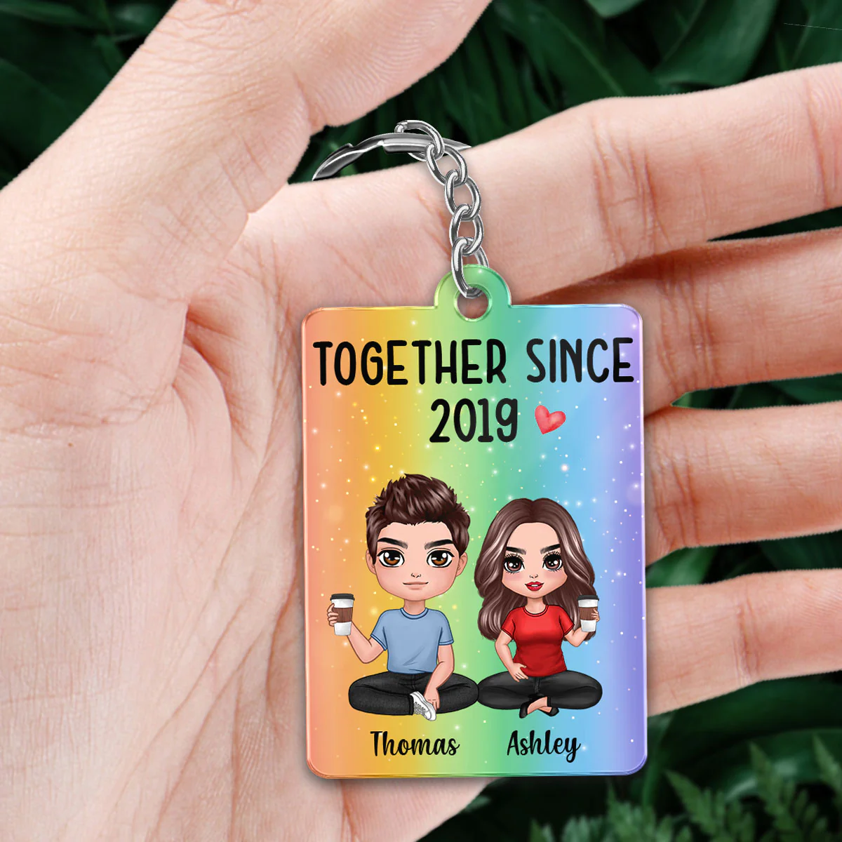Doll Couple Sitting Rainbow Favorite Song QR Code Personalized Acrylic Keychain - Image 2