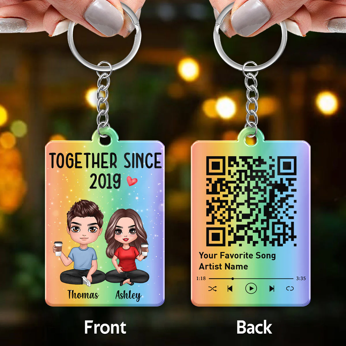 Doll Couple Sitting Rainbow Favorite Song QR Code Personalized Acrylic Keychain - Image 3