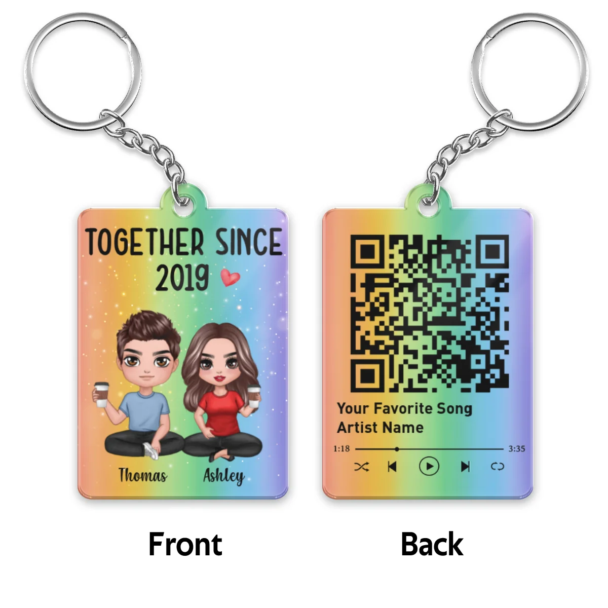 Doll Couple Sitting Rainbow Favorite Song QR Code Personalized Acrylic Keychain - Image 4
