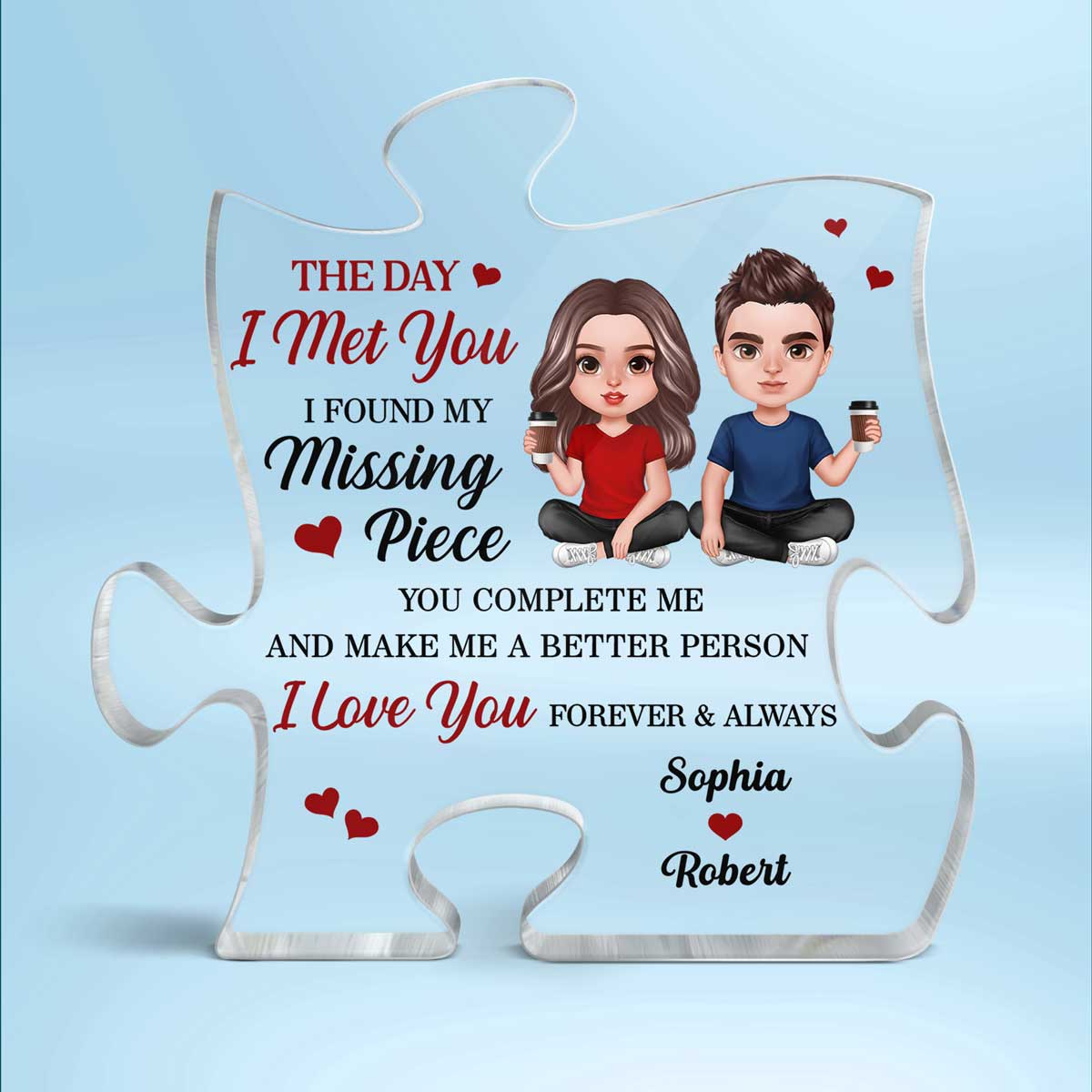 Doll Couple Sitting Realistic Found My Missing Piece Personalized Puzzle Acrylic Plaque - Image 2