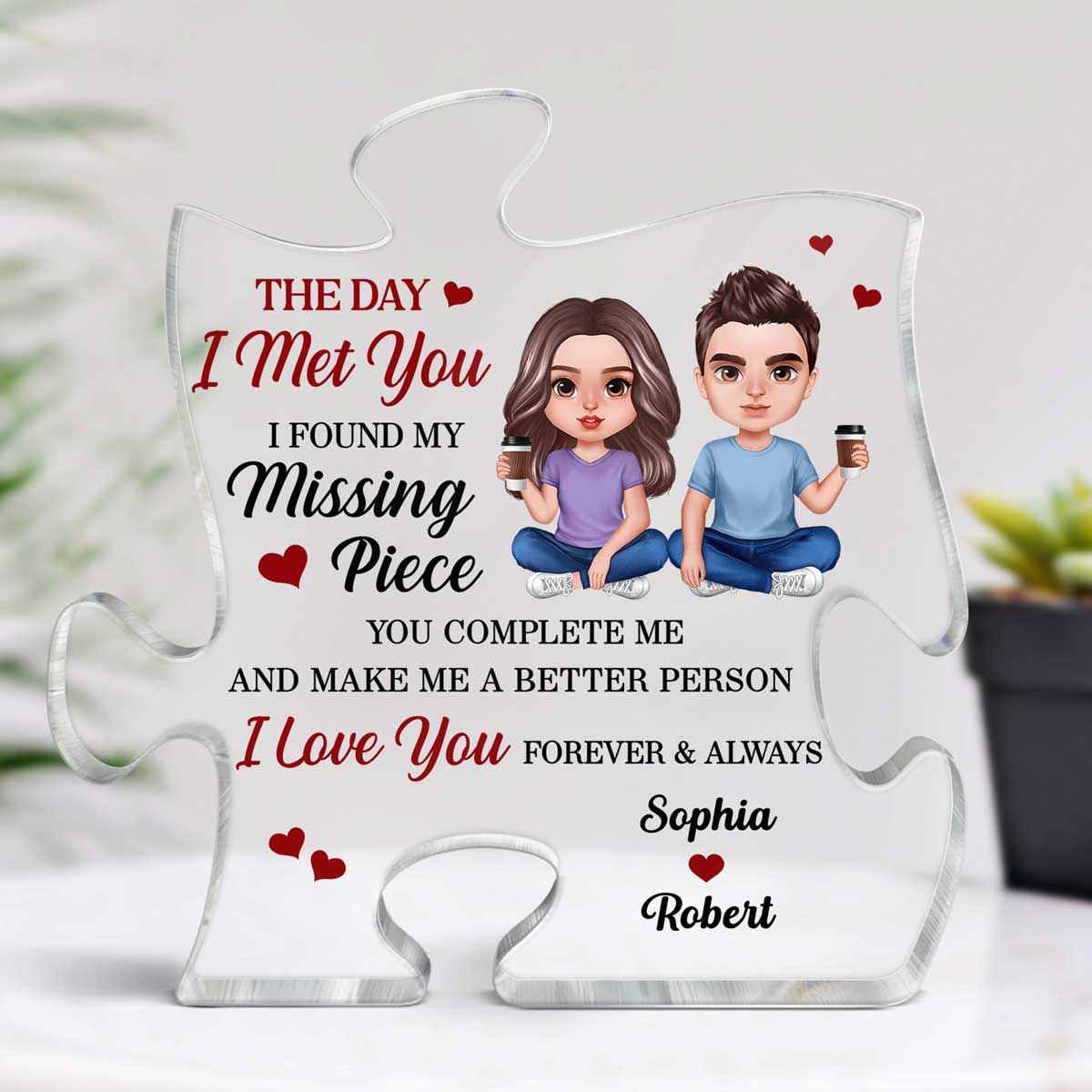 Doll Couple Sitting Realistic Found My Missing Piece Personalized Puzzle Acrylic Plaque - Image 3