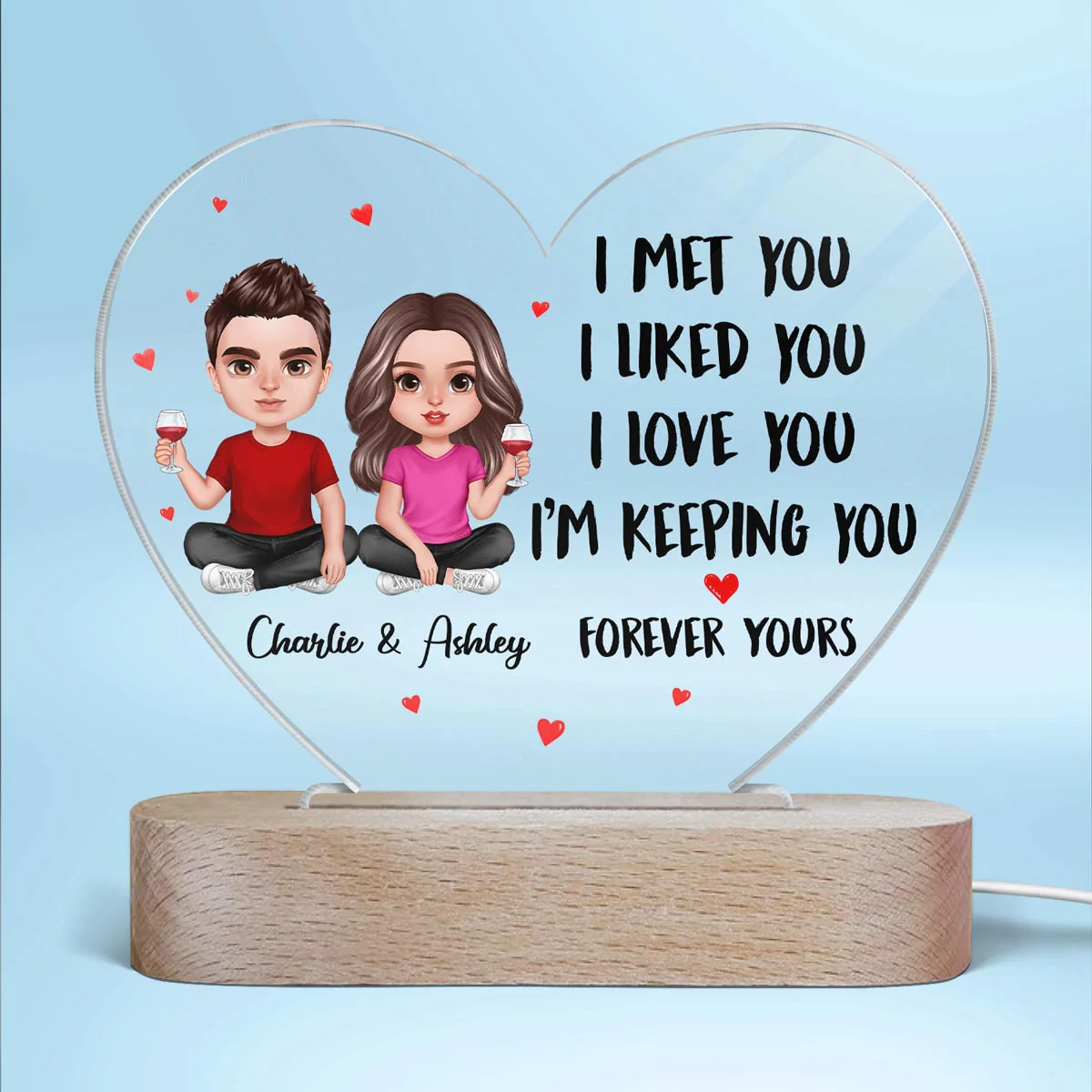 Doll Couple Sitting Realistic Gift For Him For Her Personalized Acrylic Heart Plaque LED Lamp Night Light - Image 2