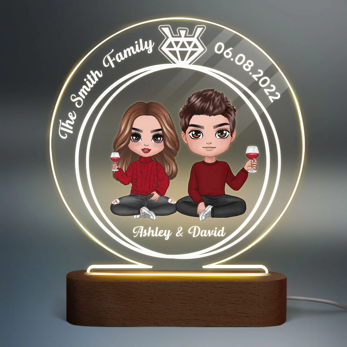 Doll Couple Sitting Ring Personalized Circle Plaque LED Night Light - Wedding Anniversary Gift - Image 2