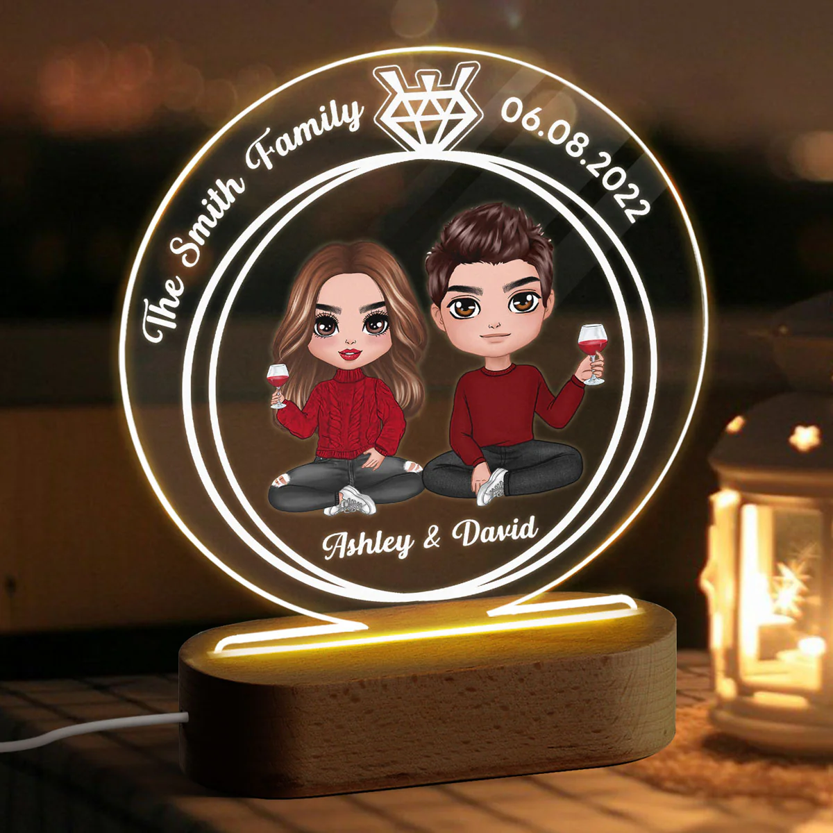 Doll Couple Sitting Ring Personalized Circle Plaque LED Night Light - Wedding Anniversary Gift - Image 3