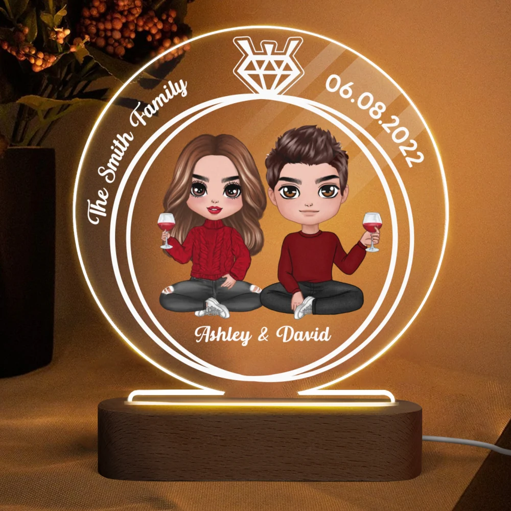 Doll Couple Sitting Ring Personalized Circle Plaque LED Night Light - Wedding Anniversary Gift - Image 4