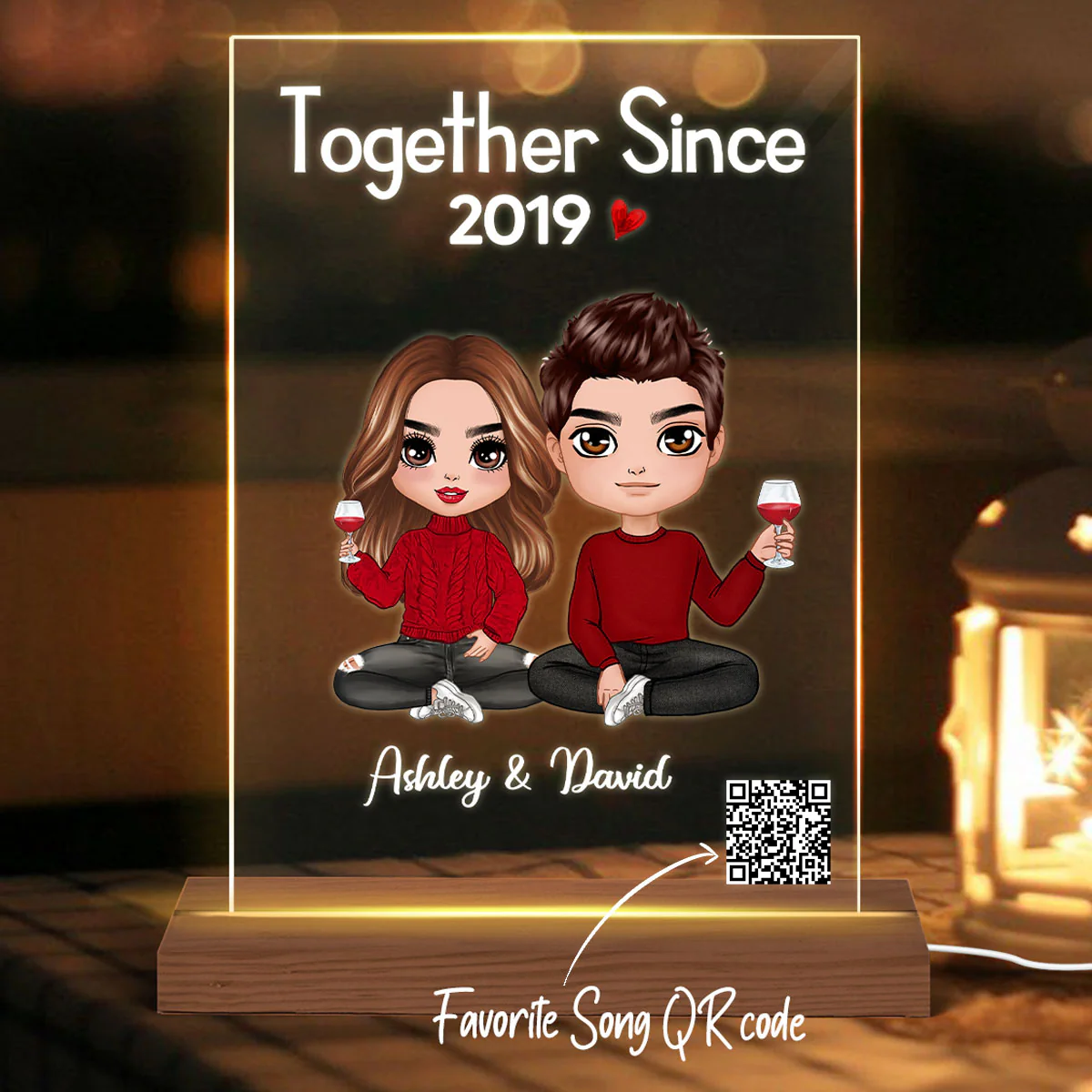 Doll Couple Sitting Scannable QR Code Gift For Him Gift For Her Personalized Rectangle Acrylic Plaque With LED Night Light - Image 3