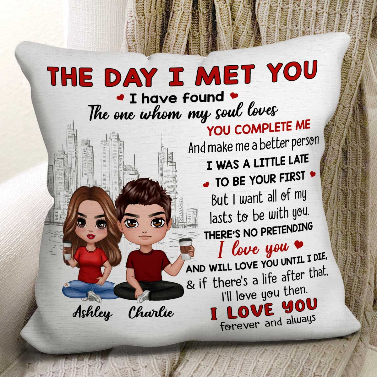 Doll Couple Sitting Skyline The Day I Met You Gift For Him For Her Personalized Pillow - Image 2