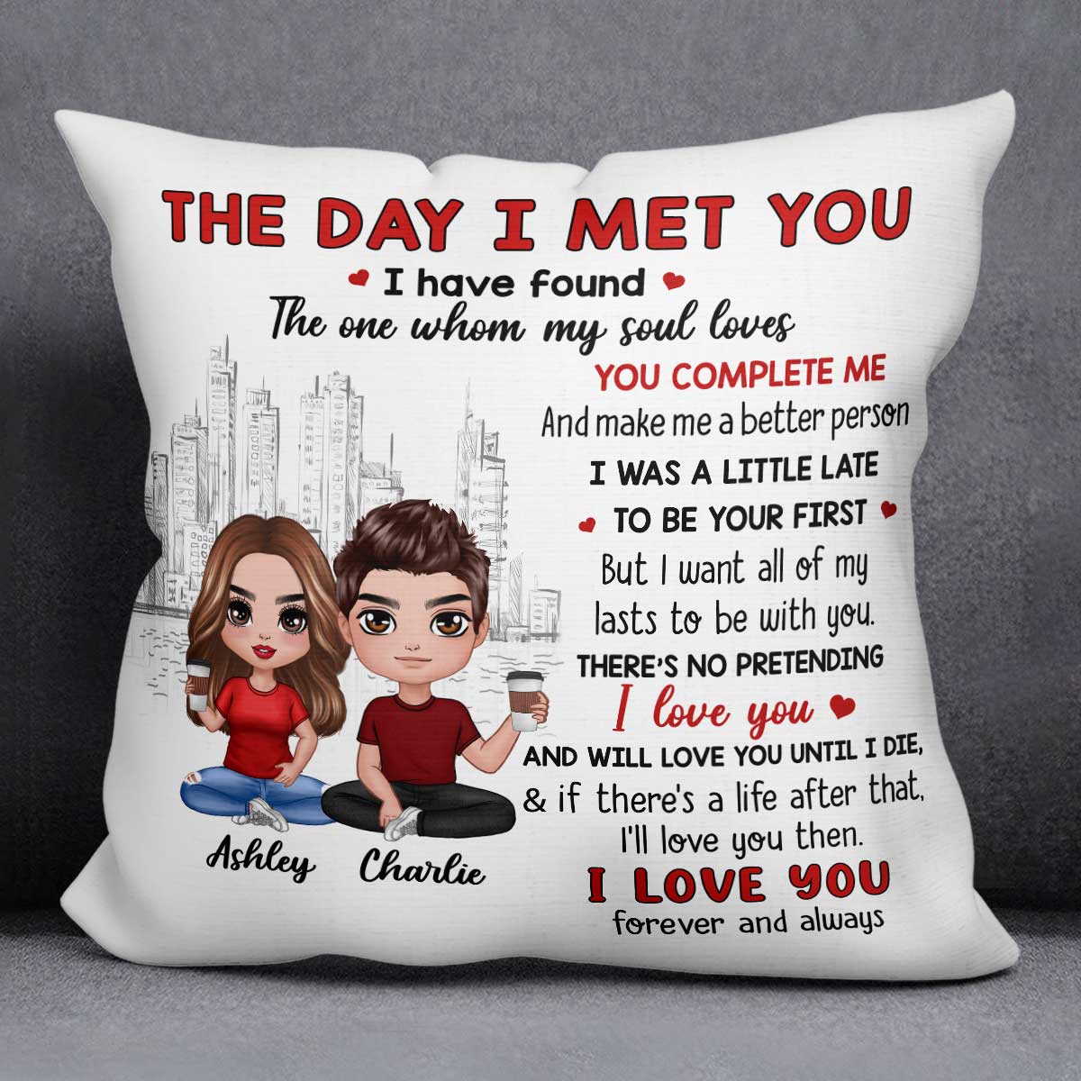 Doll Couple Sitting Skyline The Day I Met You Gift For Him For Her Personalized Pillow - Image 3