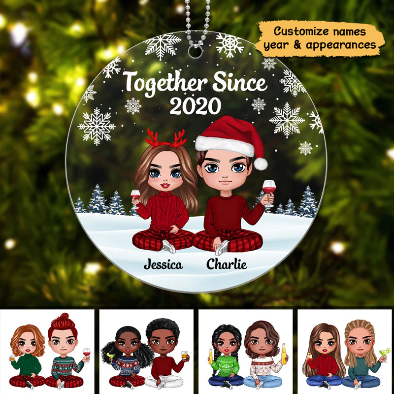 Doll Couple Sitting Snow Background Personalized Acrylic Ornament