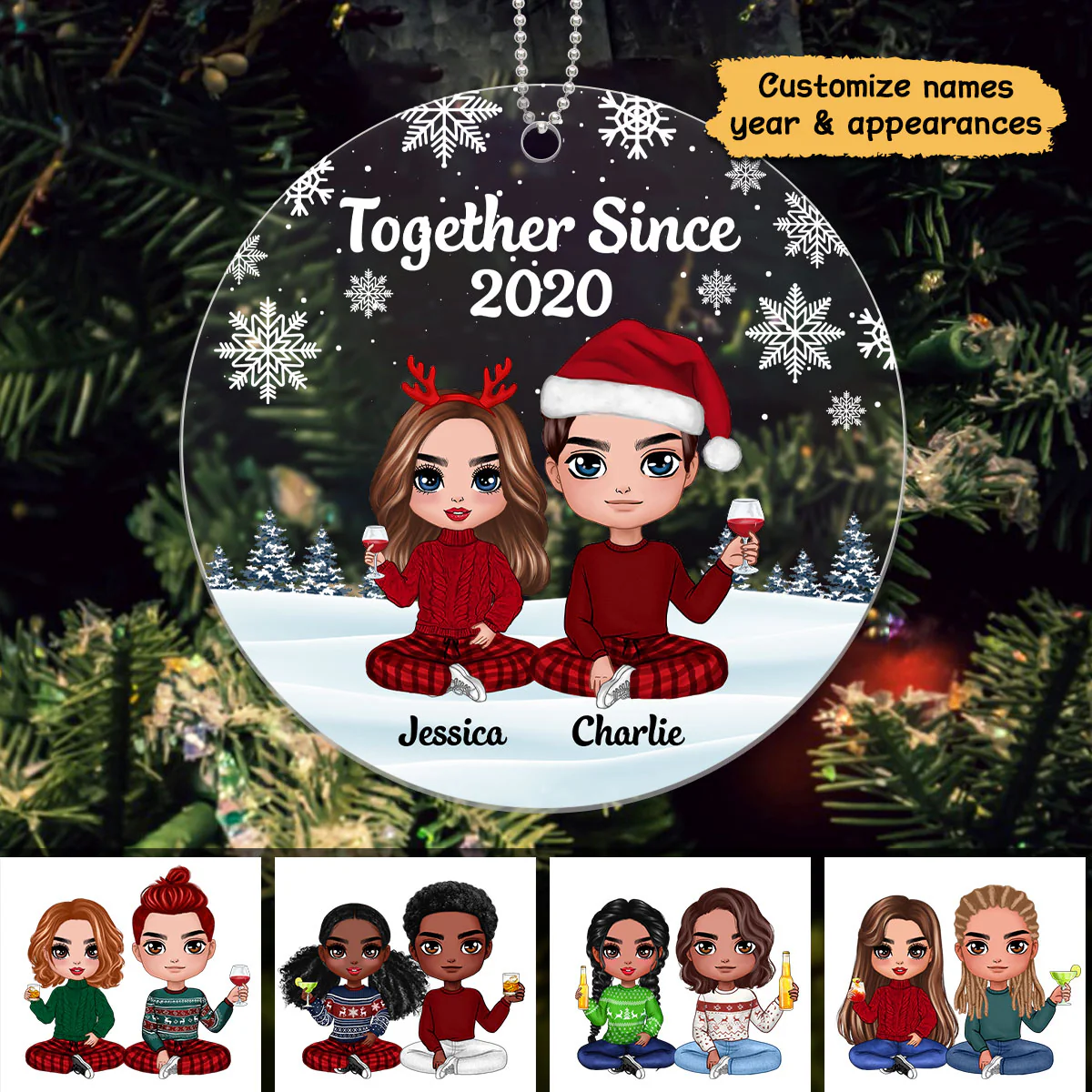 Doll Couple Sitting Snow Background Personalized Acrylic Ornament - Image 2