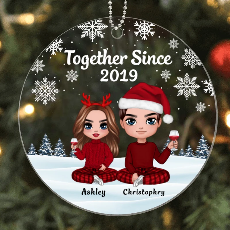 Doll Couple Sitting Snow Background Personalized Acrylic Ornament - Image 3