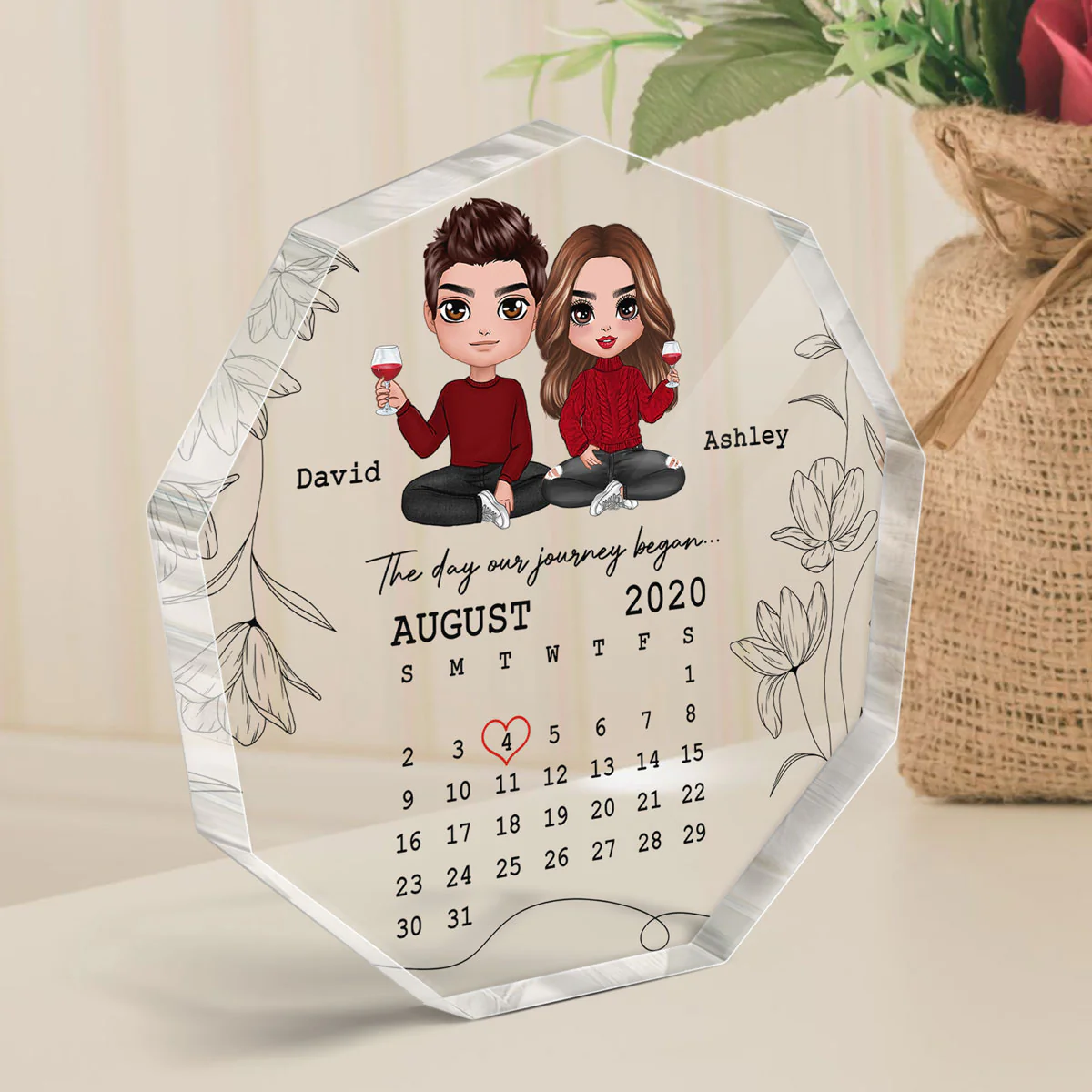 Doll Couple Sitting The Day Journey Began Personalized Acrylic Nonagon Plaque - Calendar Anniversary Gift For Couple - Gift For Him Gift For Her - Image 3