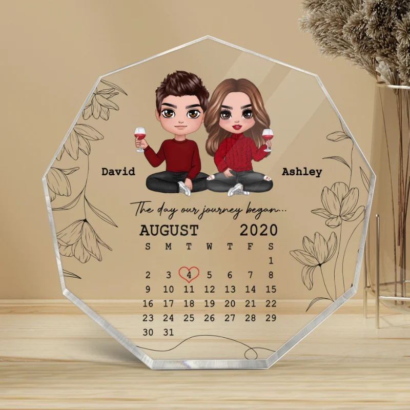 Doll Couple Sitting The Day Journey Began Personalized Acrylic Nonagon Plaque - Calendar Anniversary Gift For Couple - Gift For Him Gift For Her - Image 4