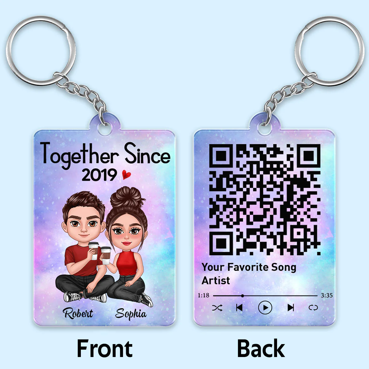 Doll Couple Sitting Together Favorite Song Scannable QR Code Personalized Acrylic Keychain