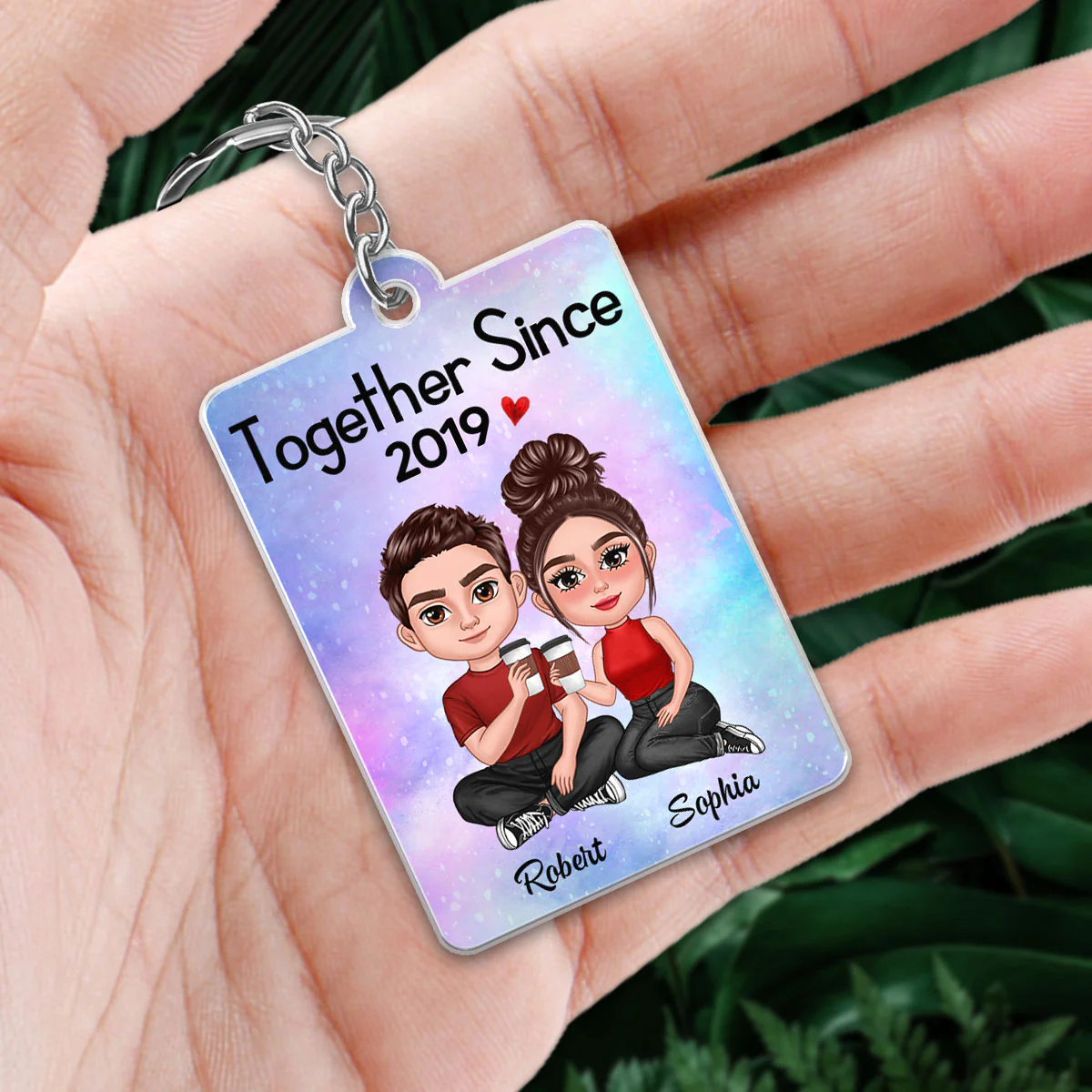 Doll Couple Sitting Together Favorite Song Scannable QR Code Personalized Acrylic Keychain - Image 2