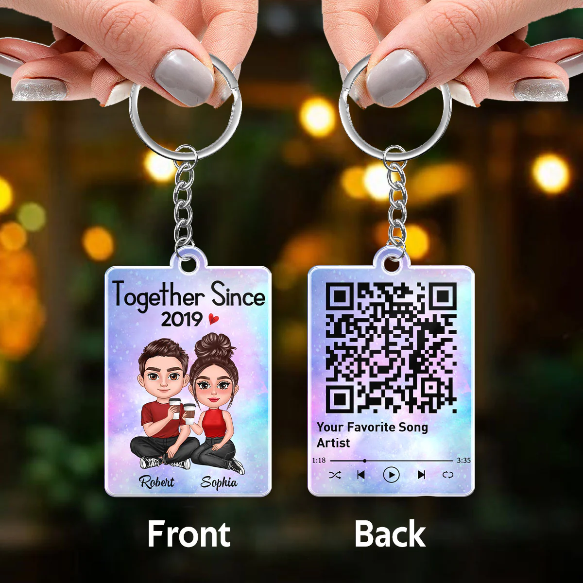 Doll Couple Sitting Together Favorite Song Scannable QR Code Personalized Acrylic Keychain - Image 3