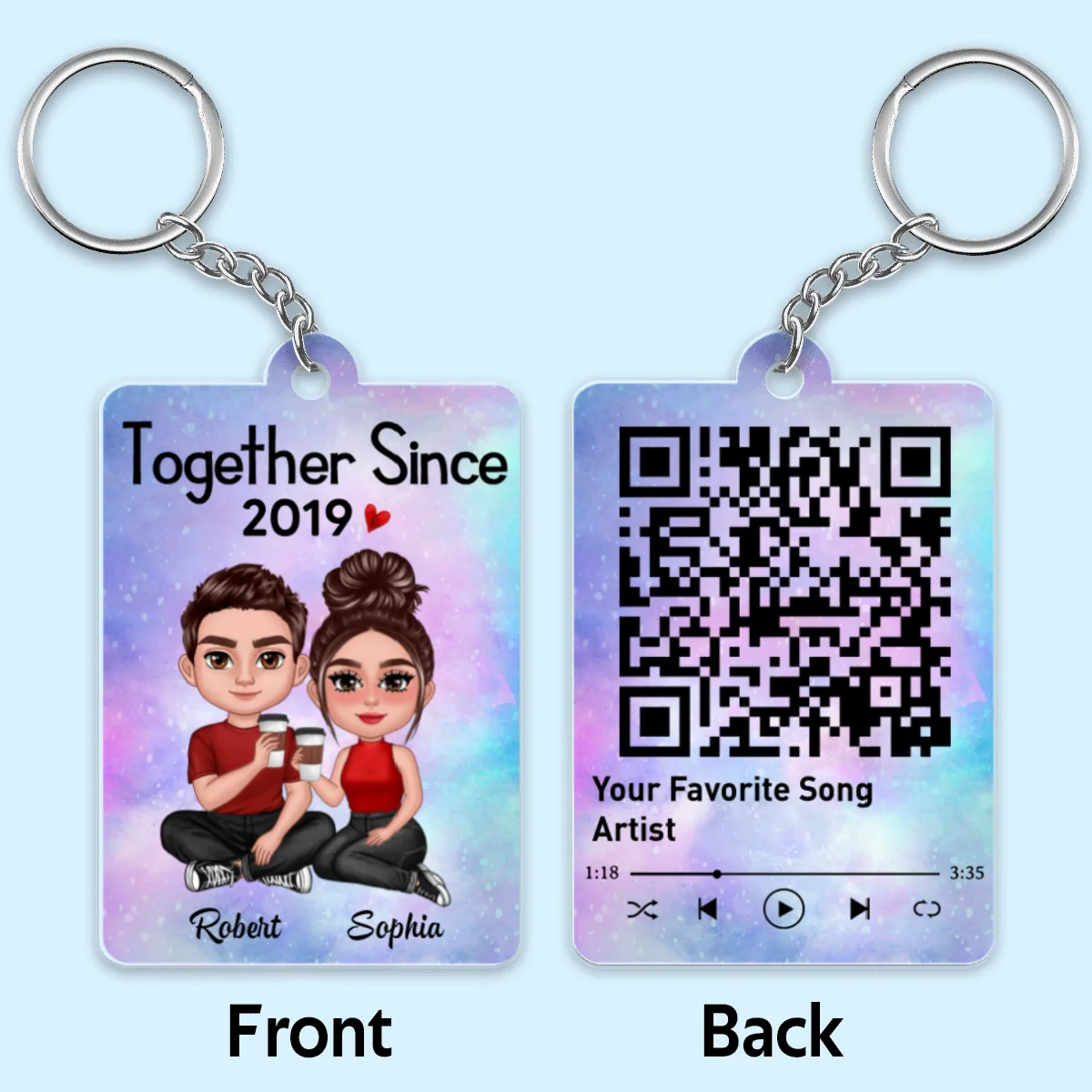 Doll Couple Sitting Together Favorite Song Scannable QR Code Personalized Acrylic Keychain - Image 4