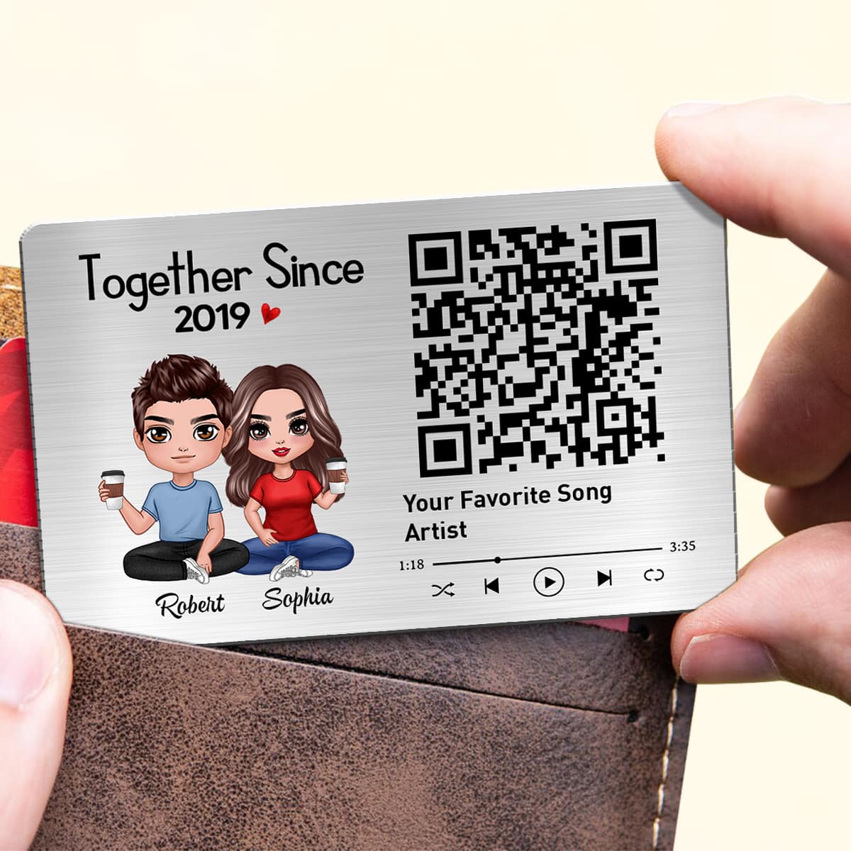 Doll Couple Sitting Together Favorite Song Scannable QR Code Personalized Metal Wallet Card