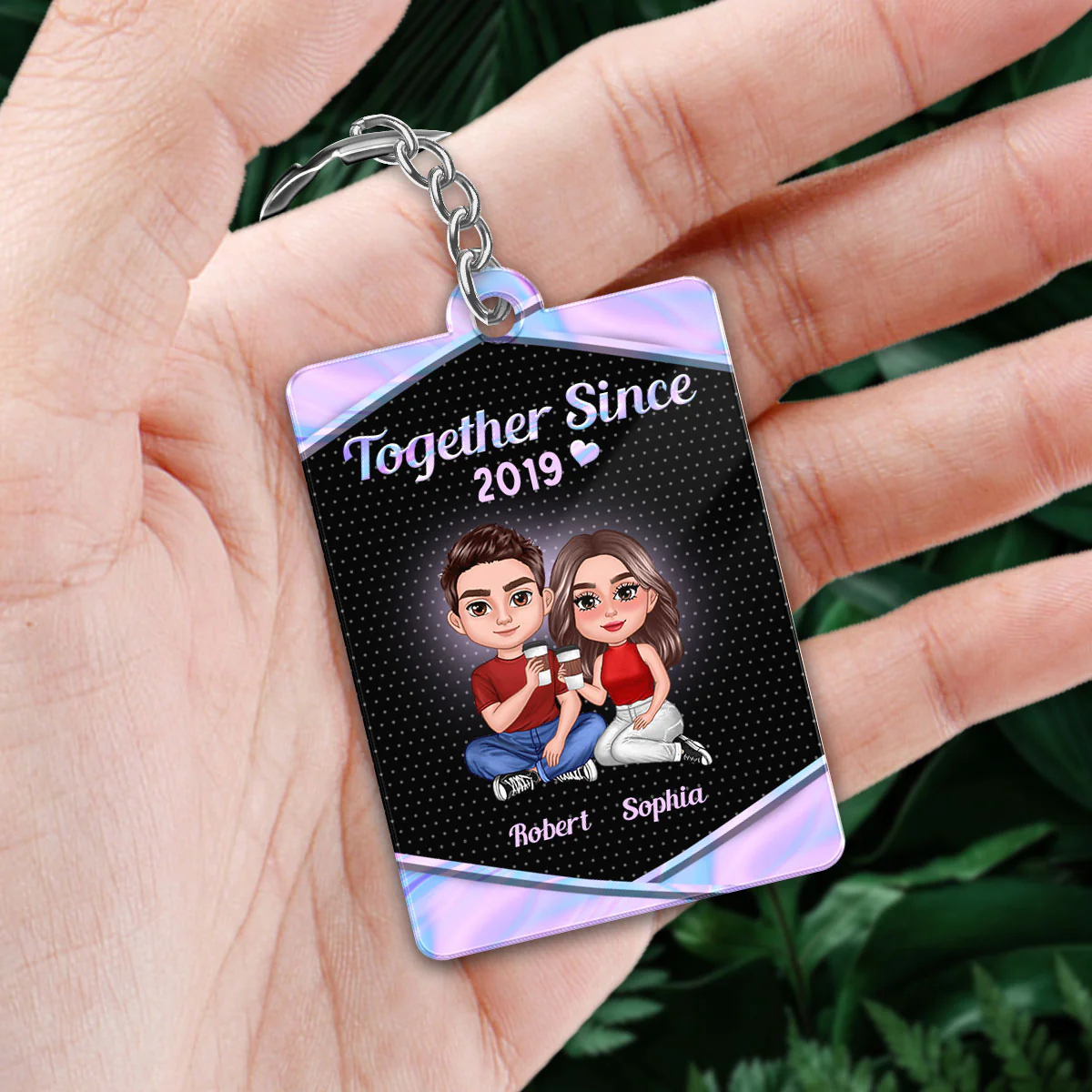 Doll Couple Sitting Together Galaxy Metal Texture Favorite Song QR Code Personalized Acrylic Keychain - Image 2