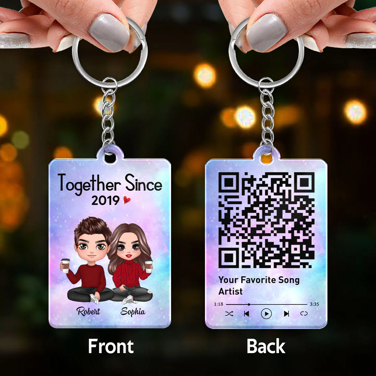 Doll Couple Sitting Together Since Favorite Song Scannable QR Code Personalized Acrylic Keychain - Image 3