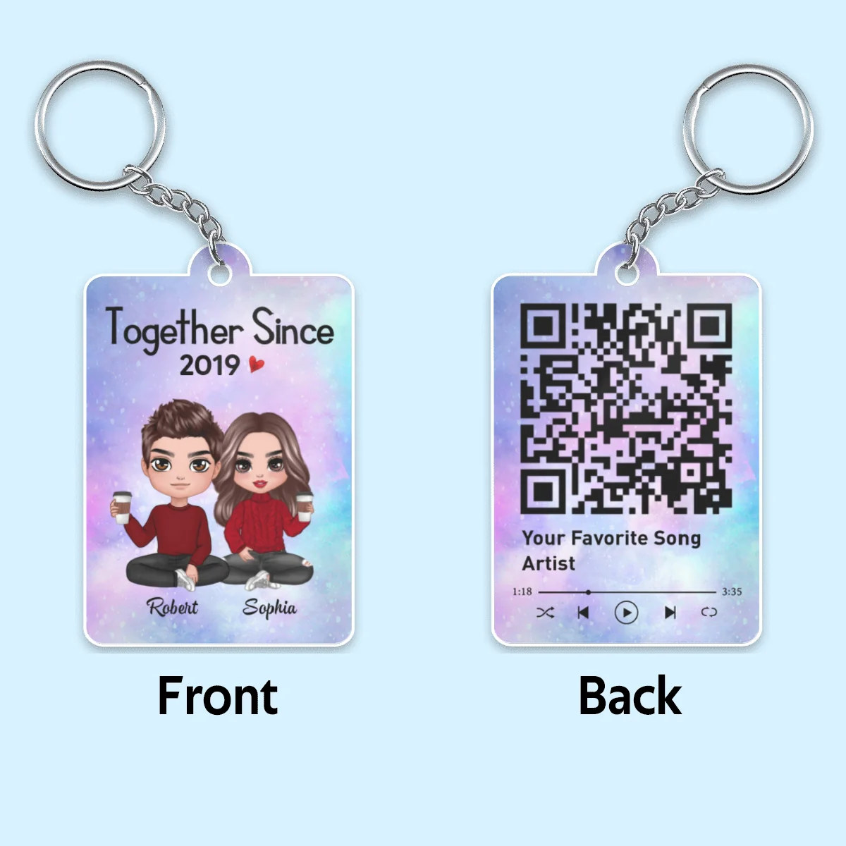 Doll Couple Sitting Together Since Favorite Song Scannable QR Code - Personalized Acrylic Keychain - Image 4