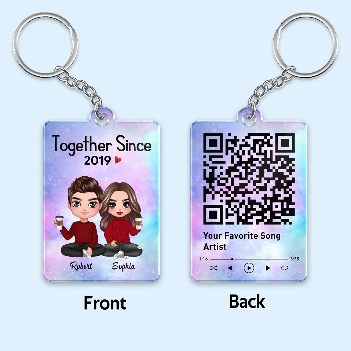 Doll Couple Sitting Together Since Favorite Song Scannable QR Code Personalized Acrylic Keychain