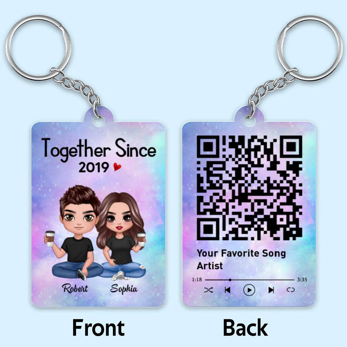 Doll Couple Sitting Together Since Favorite Song Scannable QR Code Personalized Acrylic Keychain - Image 4