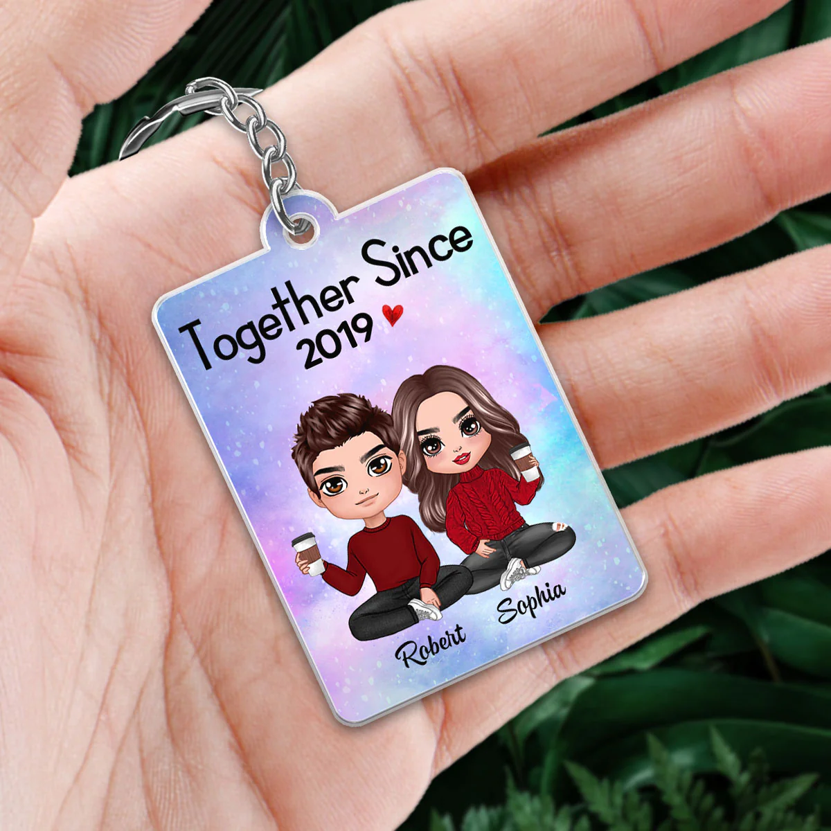 Doll Couple Sitting Together Since Favorite Song Scannable QR Code Personalized Acrylic Keychain - Image 2