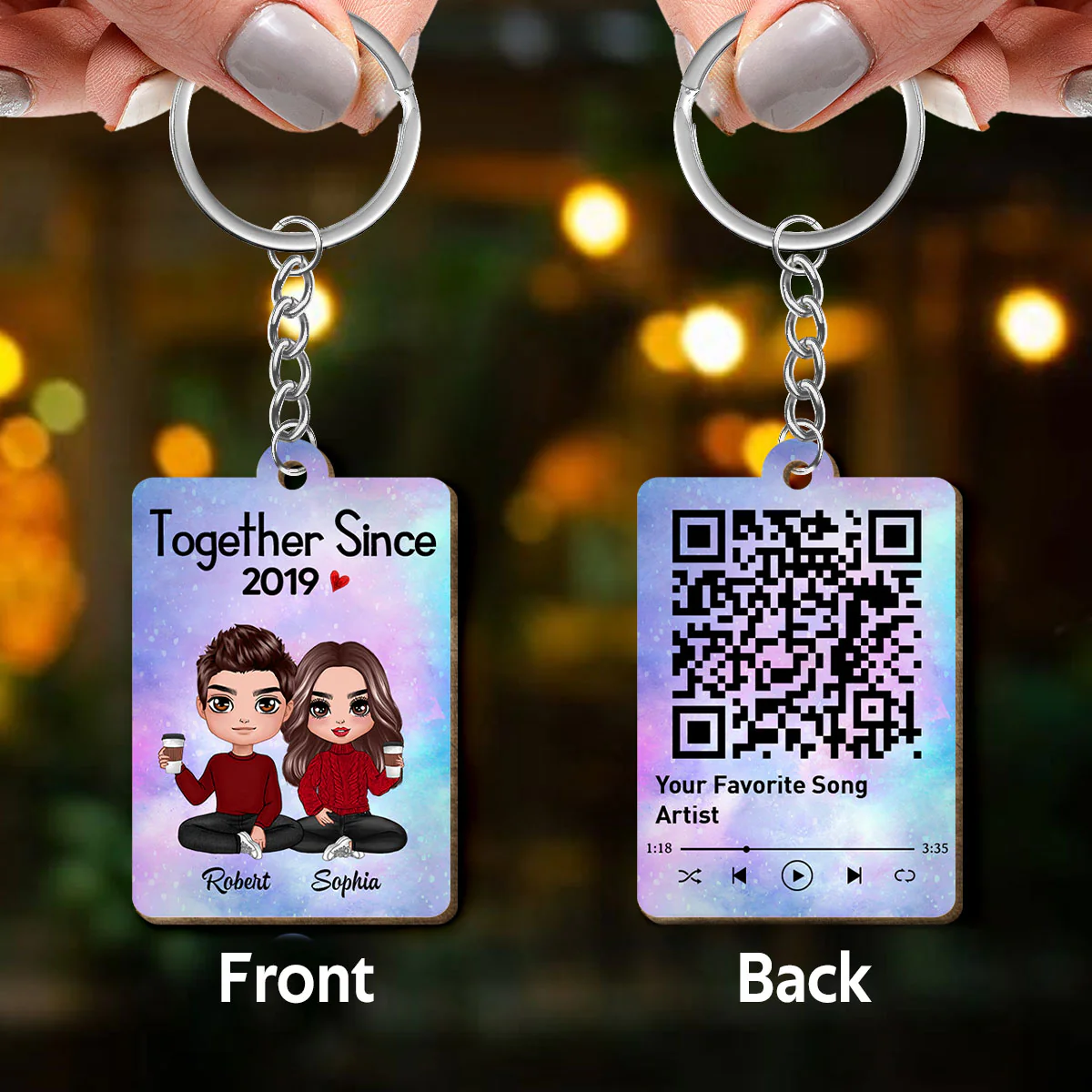 Doll Couple Sitting Together Since Favorite Song Scannable QR Code Personalized Wooden Keychain - Image 3