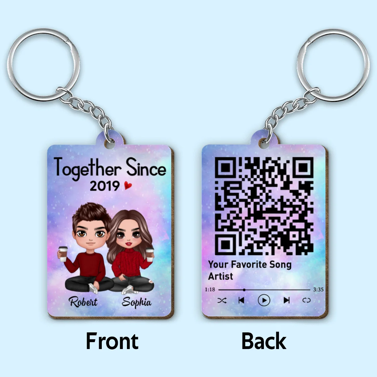 Doll Couple Sitting Together Since Favorite Song Scannable QR Code Personalized Wooden Keychain - Image 4
