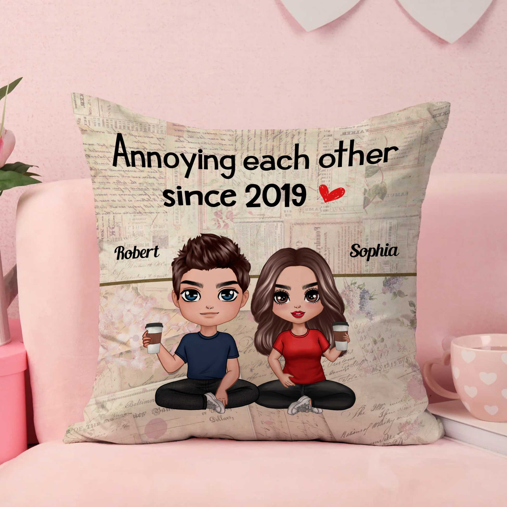 Doll Couple Sitting Together Since Floral Old Paper Personalized Pillow - Image 3