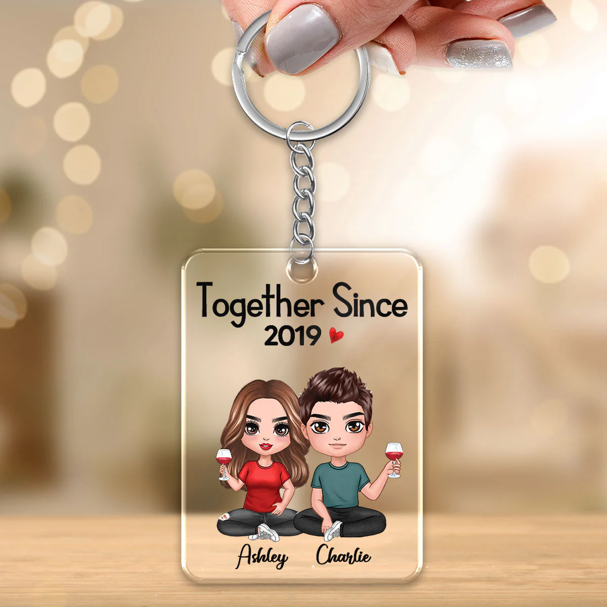 Doll Couple Sitting Together Since Personalized Acrylic Keychain - Anniversary Gift For Couple - Gift For Him, Gift For Her