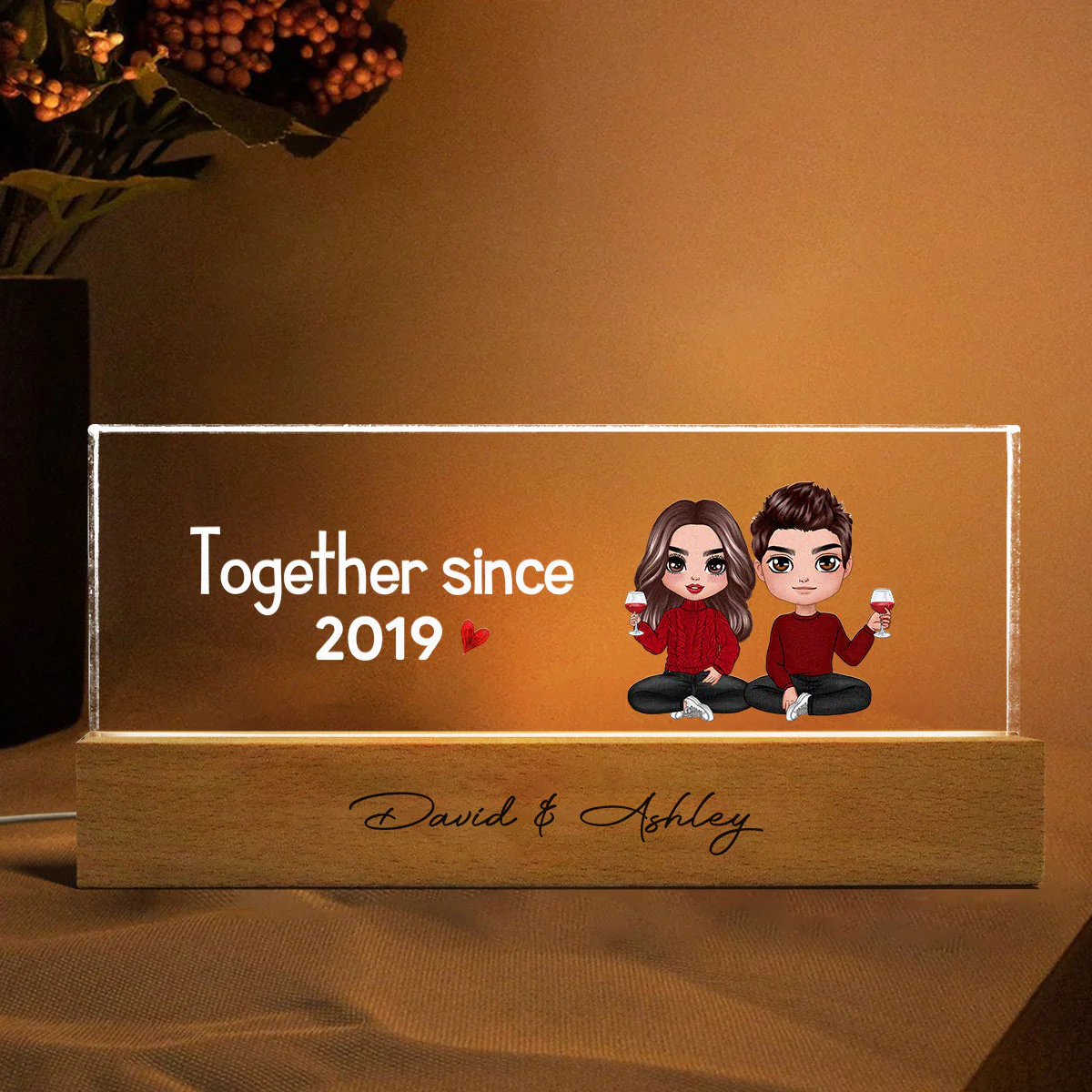 Doll Couple Sitting Together Since Personalized Acrylic LED Night Light, Anniversary Gift For Her, Gift For Him - Image 2