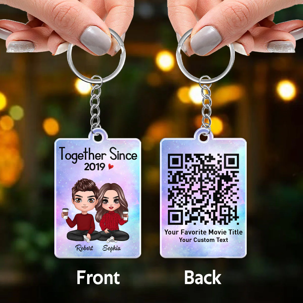 Doll Couple Sitting Together Since Scannable QR Code Personalized Acrylic Keychain - Image 3