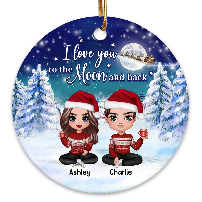 Doll Couple Sitting Under Moon Light In Christmas Night Personalized Circle Ornament - Image 3