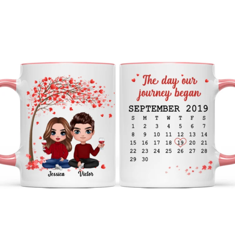 Doll Couple Sitting Under Red Tree Calendar Anniversary Date Gift For Him For Her Personalized Mug - Image 10