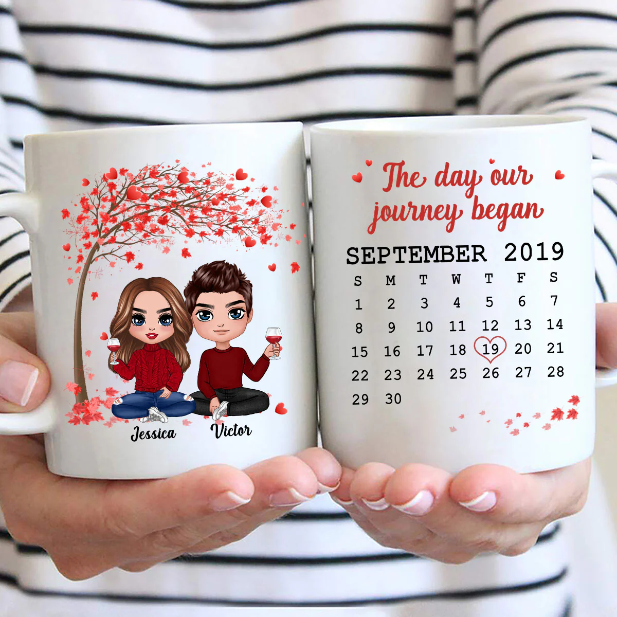 Doll Couple Sitting Under Red Tree Calendar Anniversary Date Gift For Him For Her Personalized Mug - Image 3