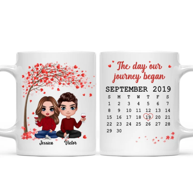 Doll Couple Sitting Under Red Tree Calendar Anniversary Date Gift For Him For Her Personalized Mug - Image 4