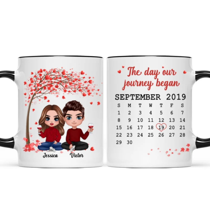 Doll Couple Sitting Under Red Tree Calendar Anniversary Date Gift For Him For Her Personalized Mug - Image 6