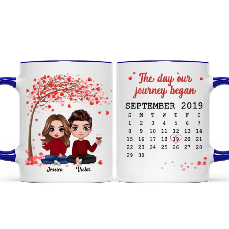 Doll Couple Sitting Under Red Tree Calendar Anniversary Date Gift For Him For Her Personalized Mug - Image 7